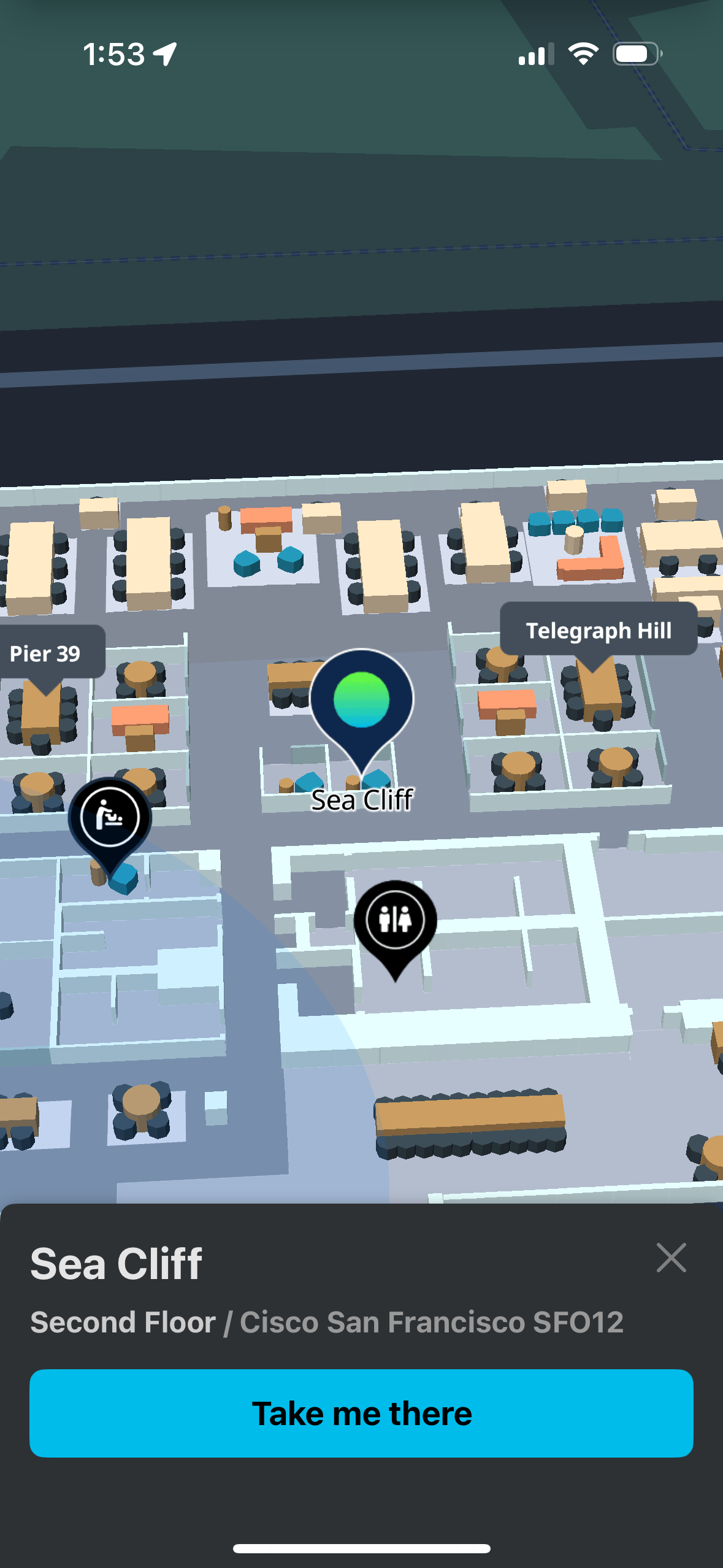 Cisco Spaces Indoor Wayfinding App Clip showing destination and Take me there button