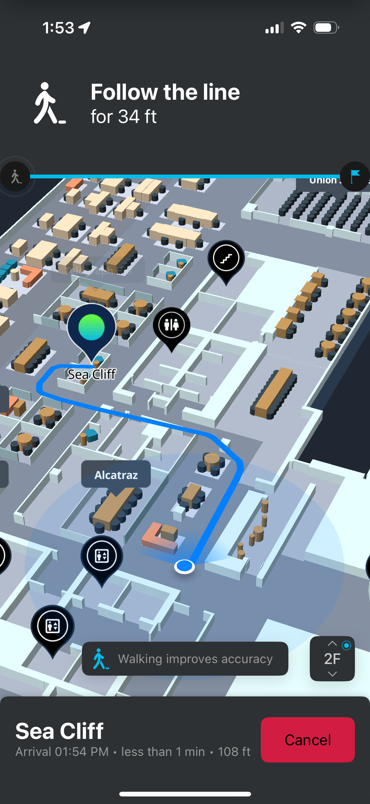 Cisco Spaces Indoor Wayfinding App Clip showing live location and shortest path to destination