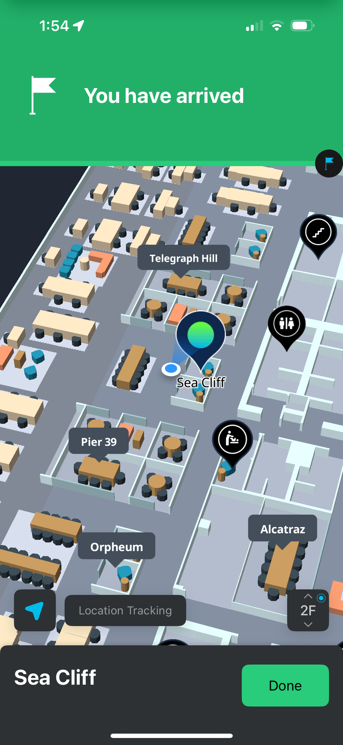 Cisco Spaces Indoor Wayfinding App Clip showing You have arrived at the destination