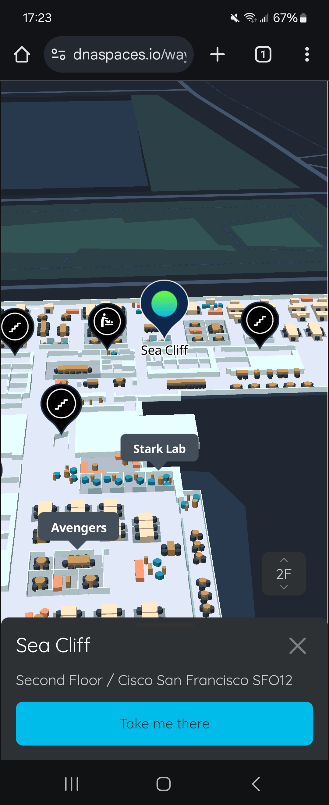Cisco Spaces Indoor Wayfinding web app showing destination and Take me there button
