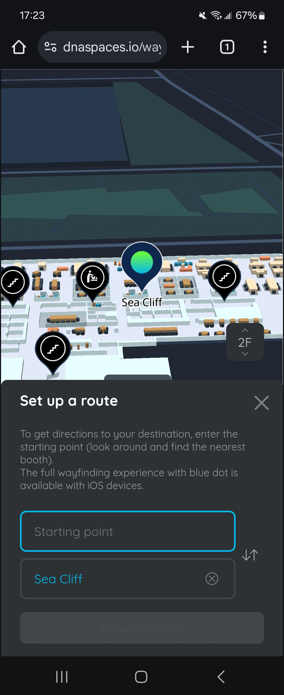 Cisco Spaces Indoor Wayfinding web app showing a field to select a Starting point