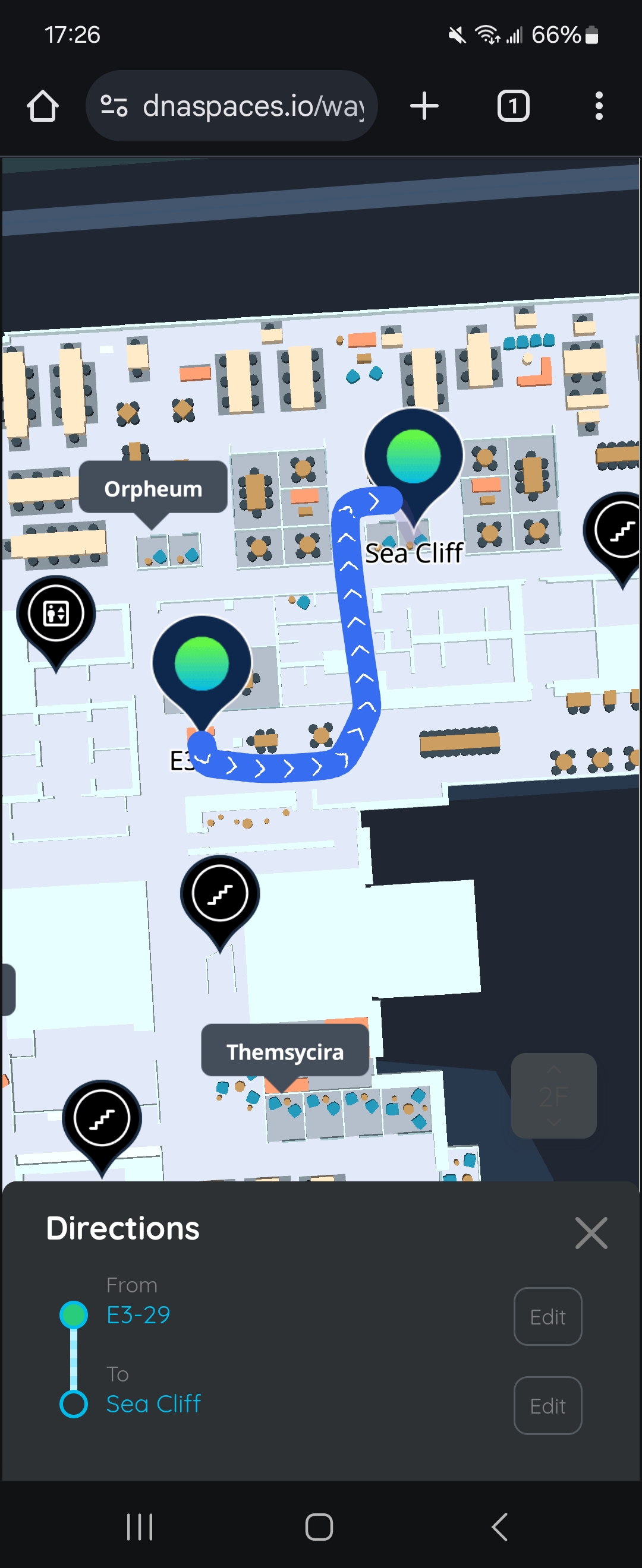 Cisco Spaces Indoor Wayfinding web app showing a static route between Starting point and Destination
