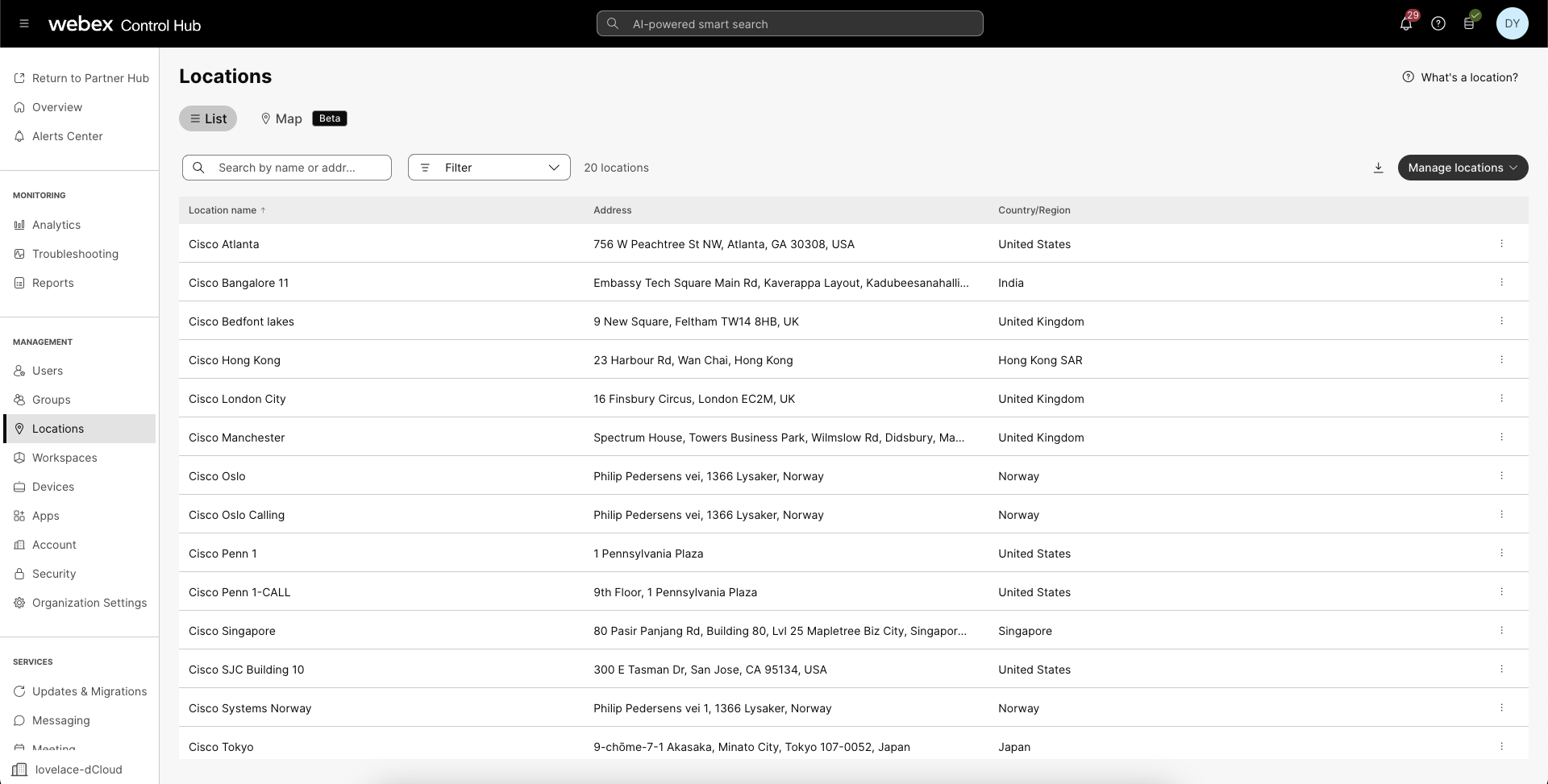 Webex Control Hub - Locations