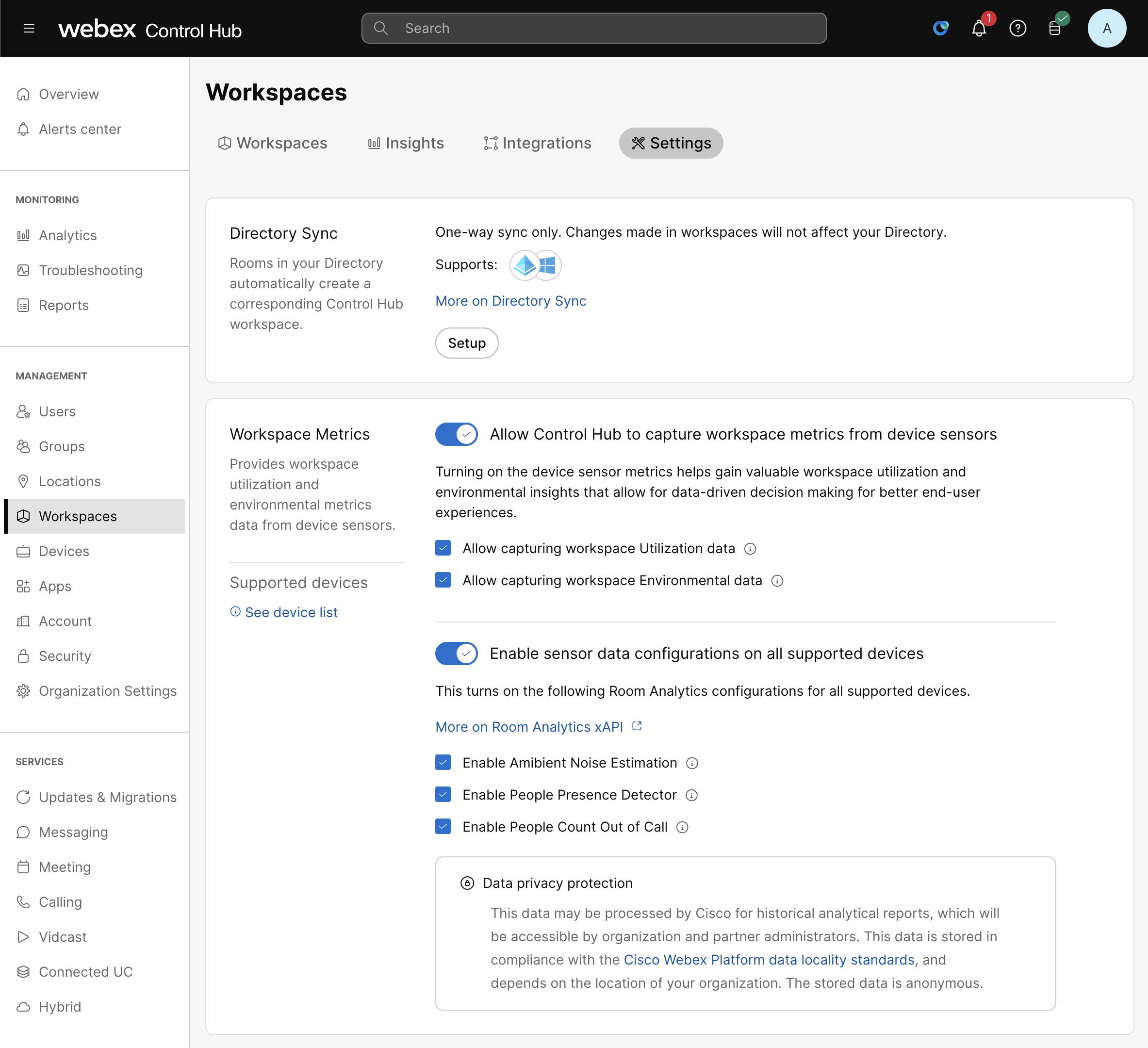 Control Hub - Workspaces - Settings