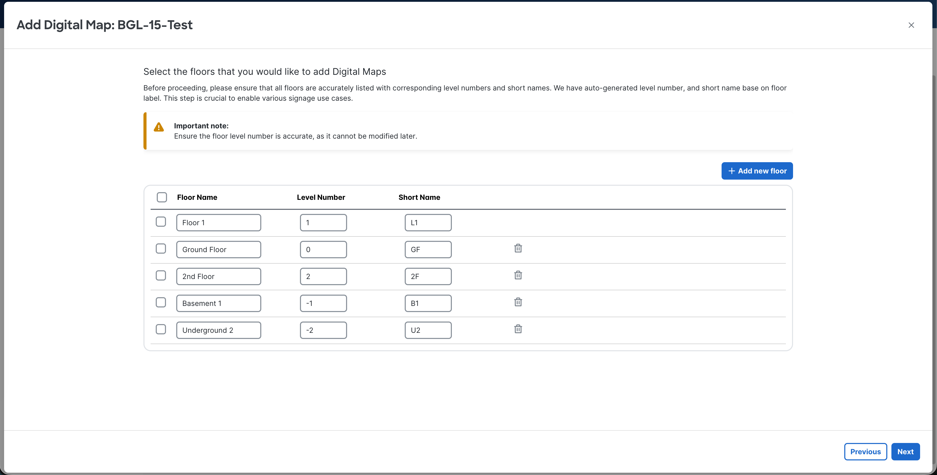 Add Digital Map - Add new floor - Floor Name, Level Number, and Short Name