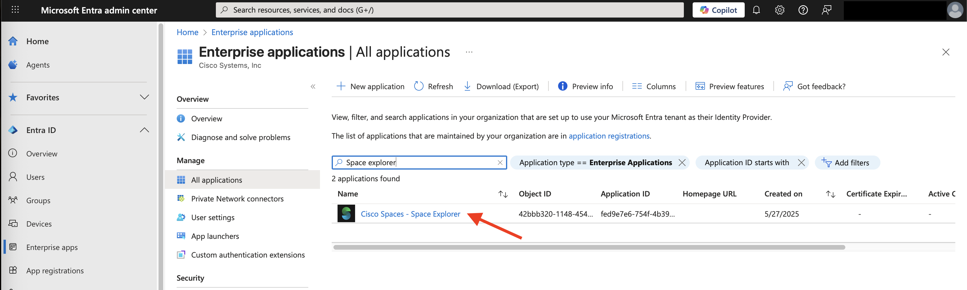 Microsoft Entra Admin Center - Enterprise app - Search for Space Explorer