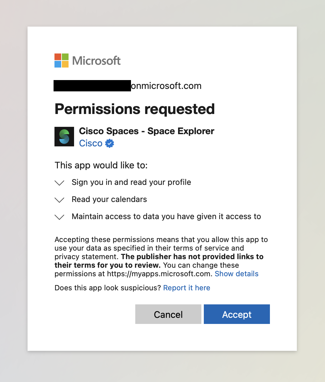 Microsoft Login - Permissions requested (user)
