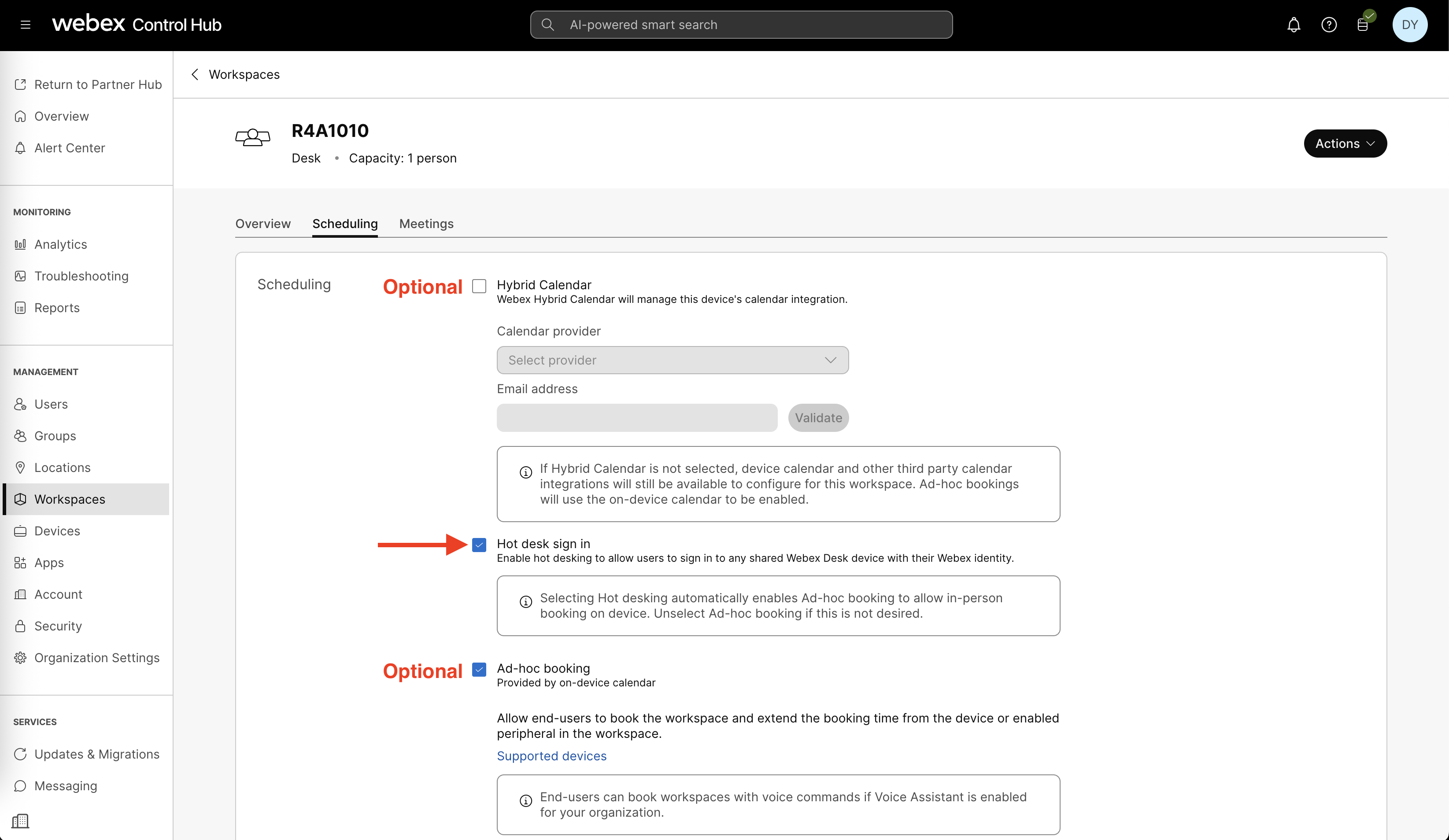 Control Hub - Workspaces - Scheduling (RoomOS)