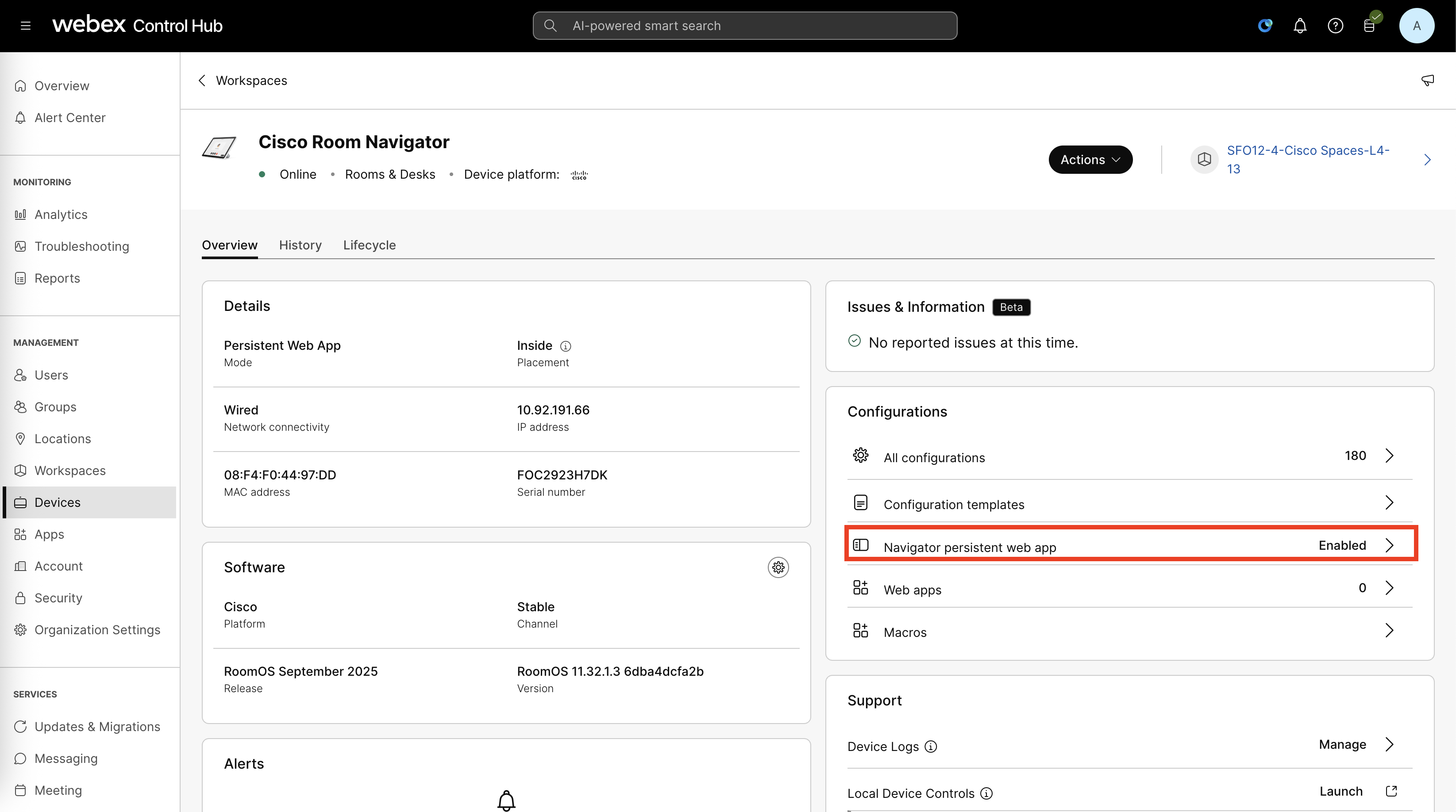 Control Hub - Workspaces - Devices