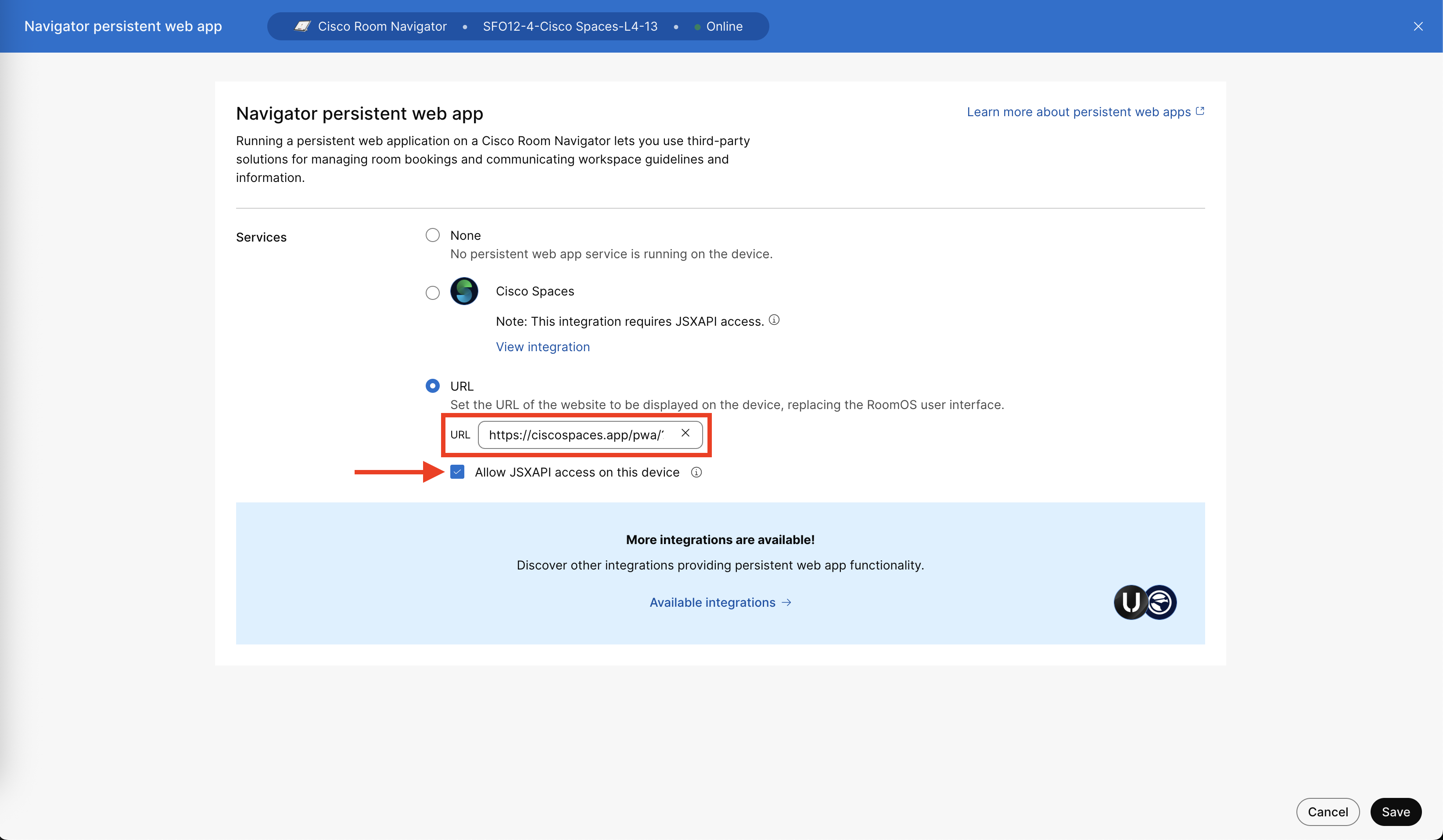 Control Hub - Workspaces - Devices - Navigator persistent web app (URL)