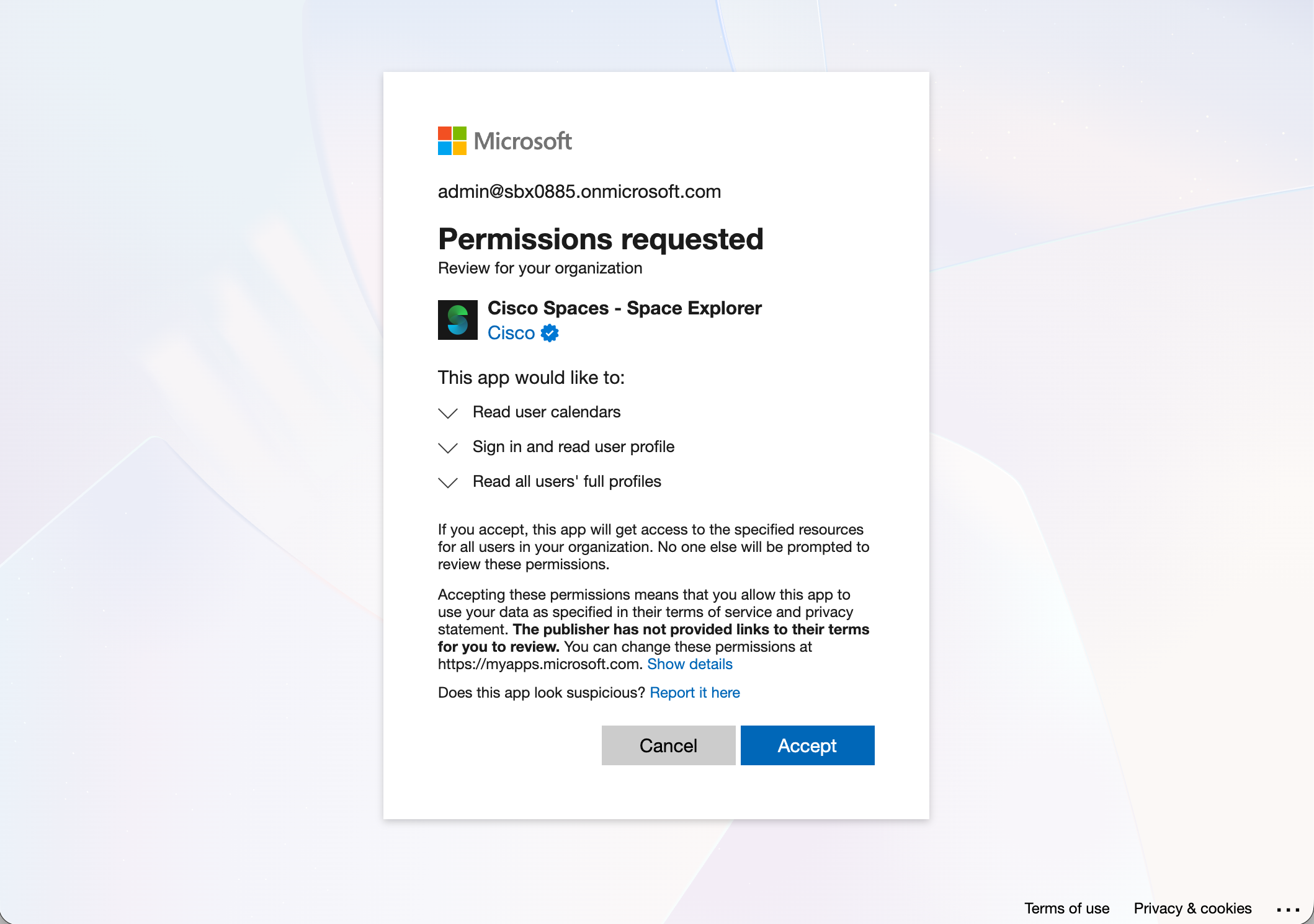 Microsoft Admin Consent - Permissions requested (organization)