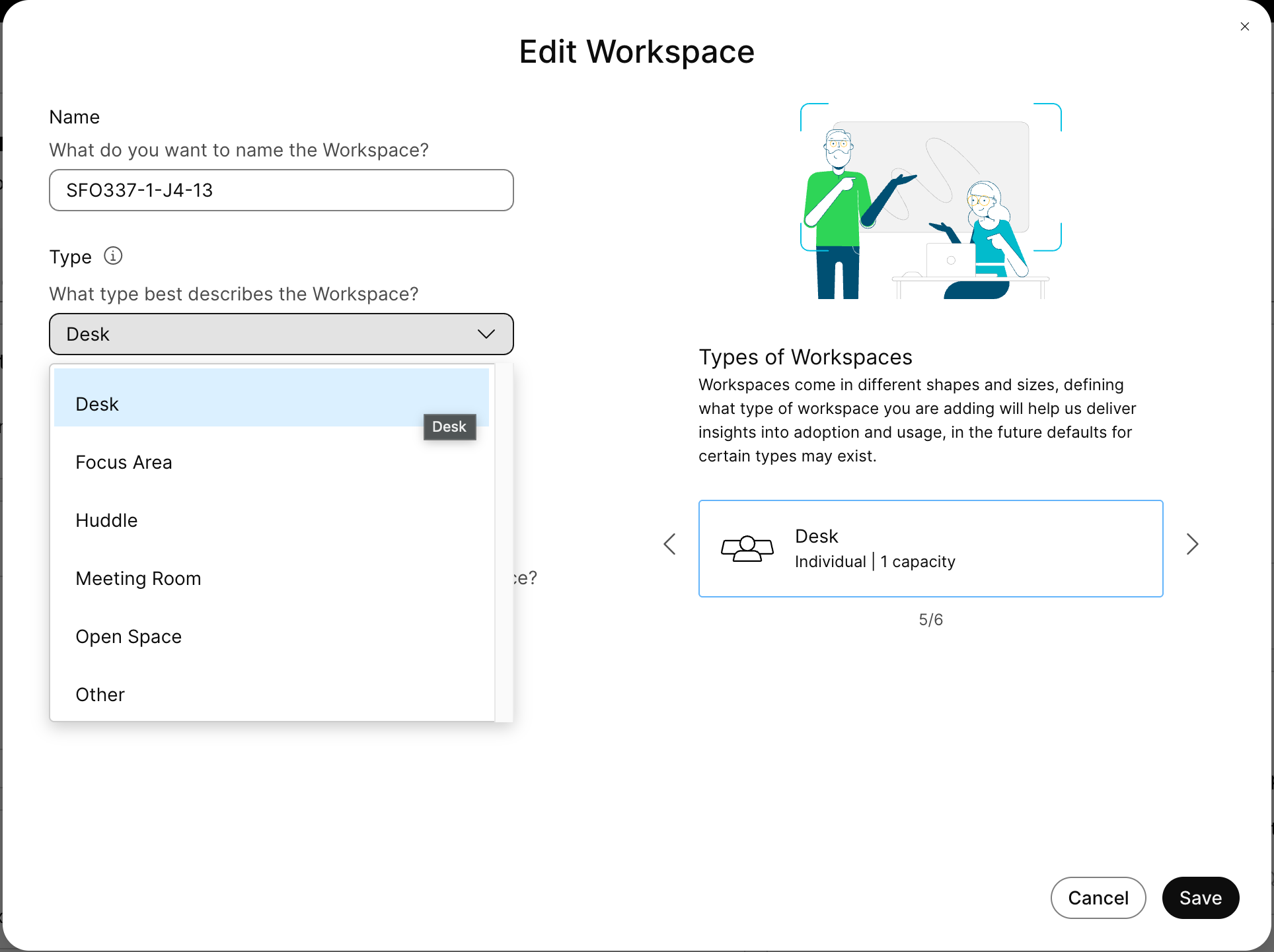 Control Hub - Workspaces - Actions - Edit - Type