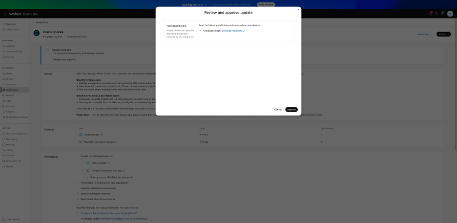 Control Hub - Workspaces - Integrations - Cisco Spaces - Review and Approve