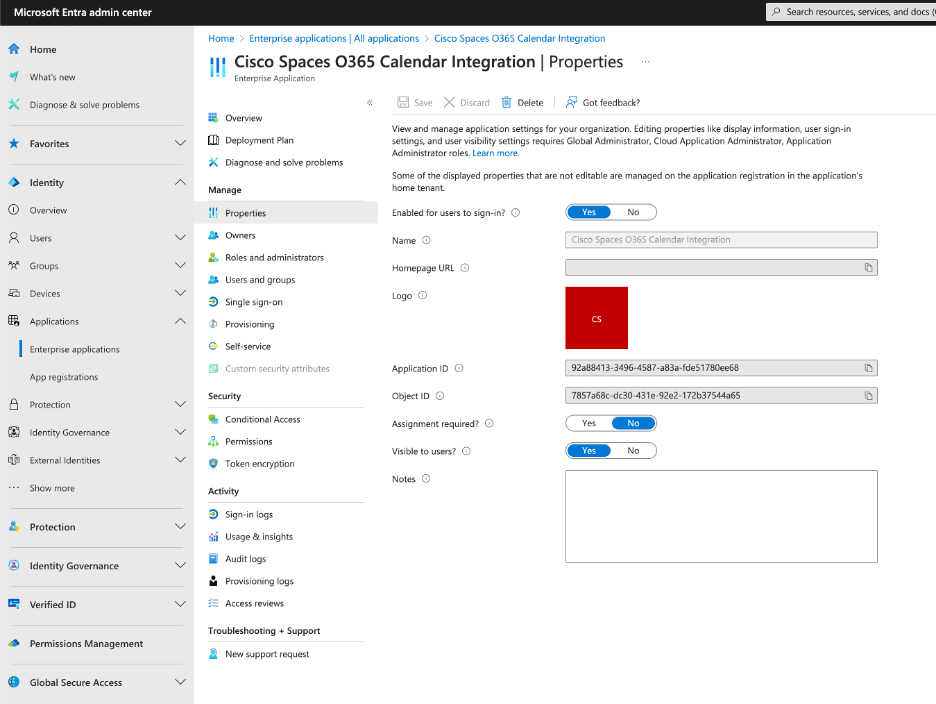 Microsoft Entra - Cisco Spaces O365 Calendar Integration - Properties