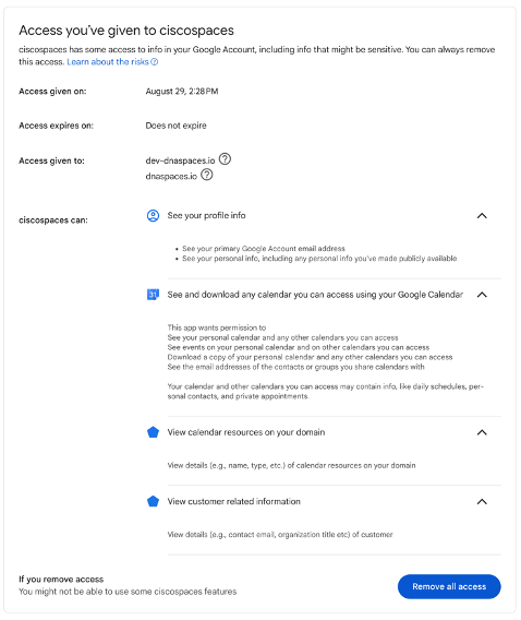 Cisco Spaces Google Calendar Permissions