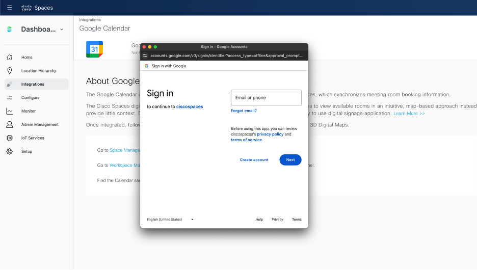 Cisco Spaces - Integrations - Google Calendar - Admin User OAuth Login