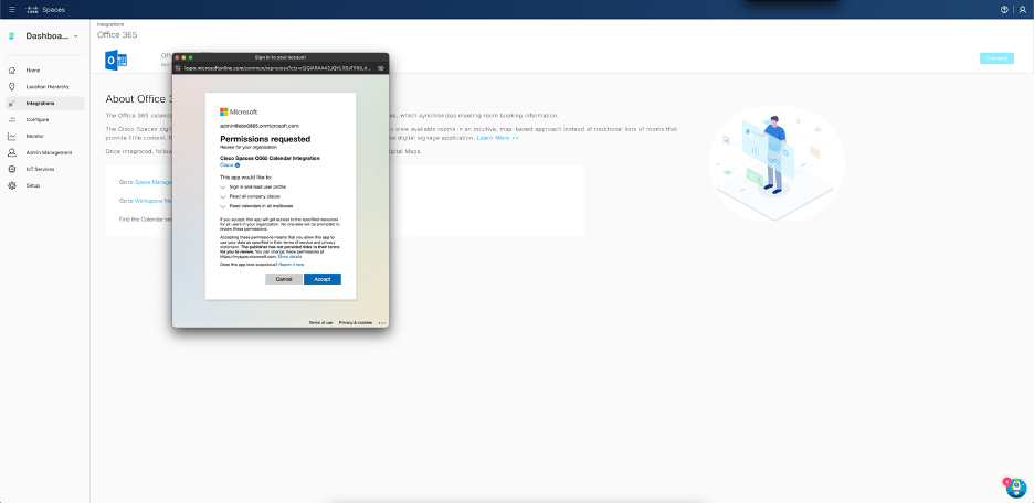 Cisco Spaces - Integrations - Office 365 - Permissions