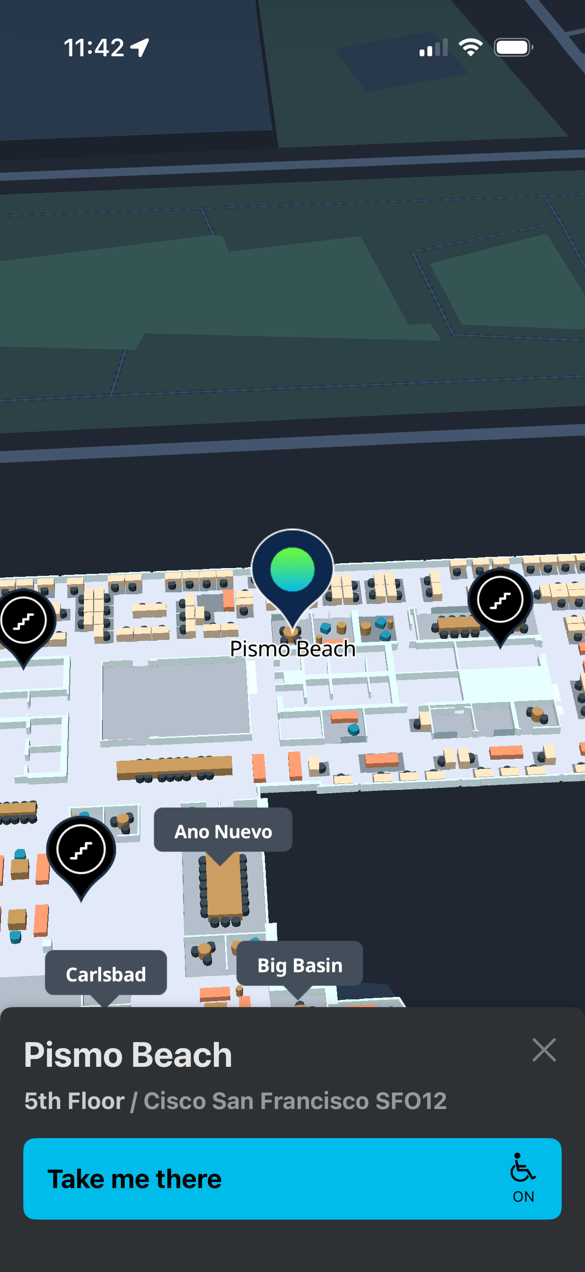 Cisco Spaces Indoor Wayfinding App Clip showing destination and Take me there button