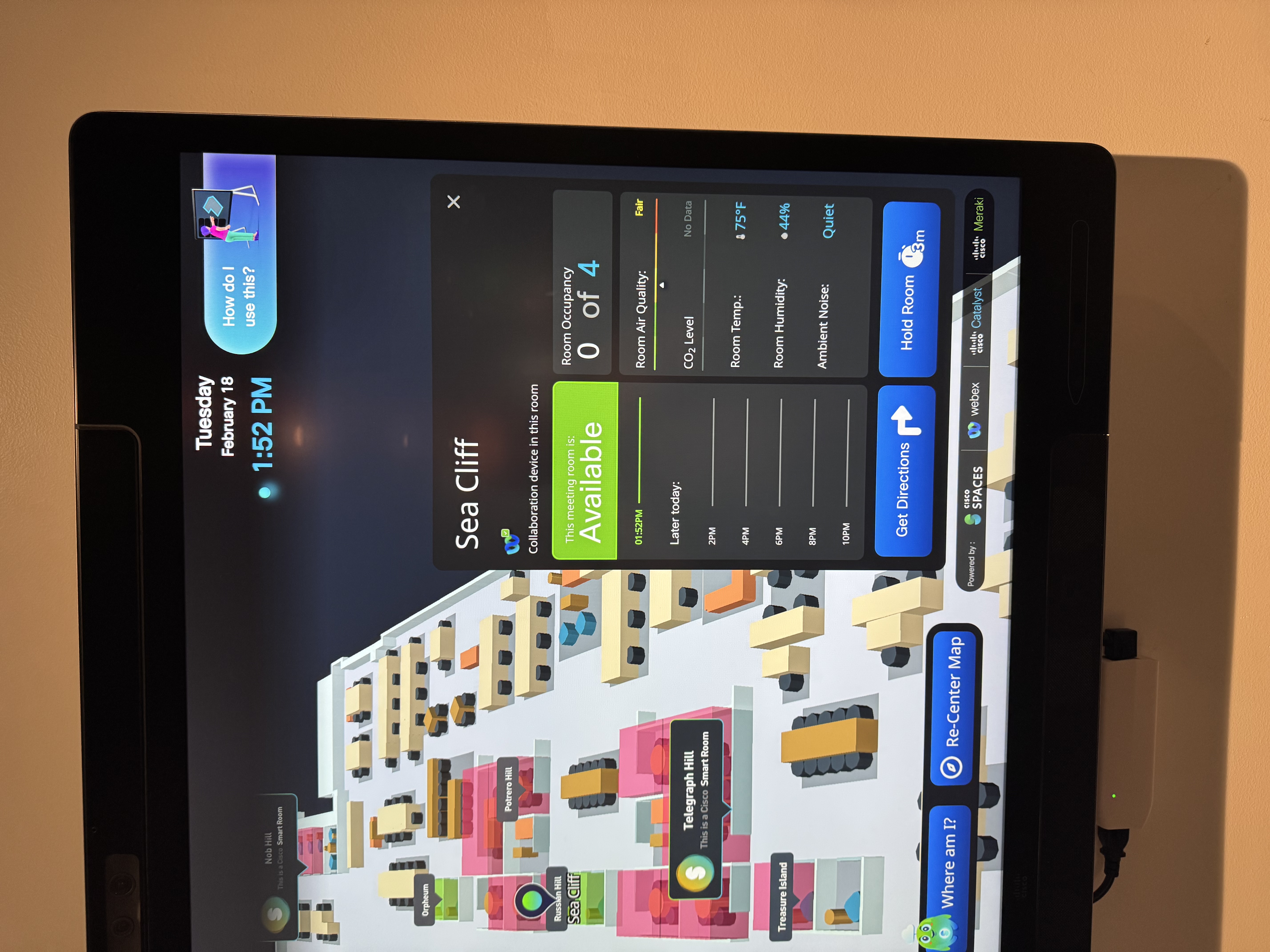 Cisco Spaces Space Explorer Kiosk showing Room Details popup