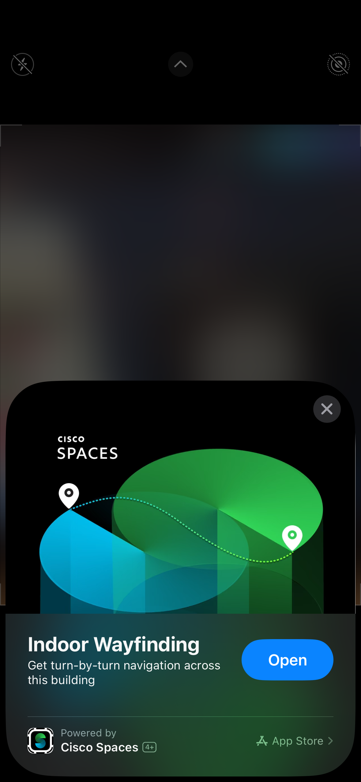 iOS Camera app prompting to Open the Cisco Spaces Indoor Wayfinding App Clip