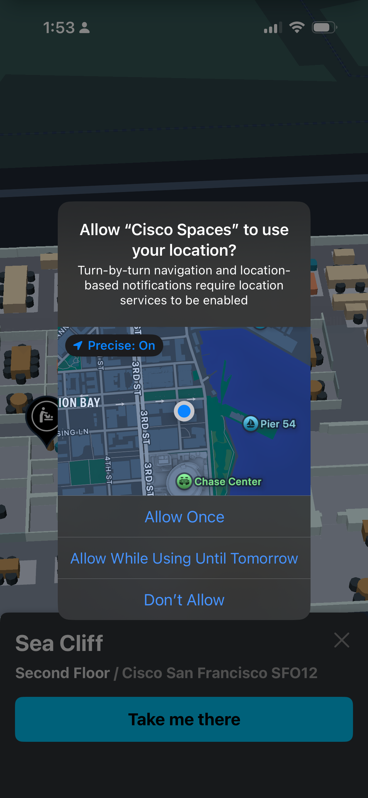 Cisco Spaces Indoor Wayfinding App Clip prompting to use location