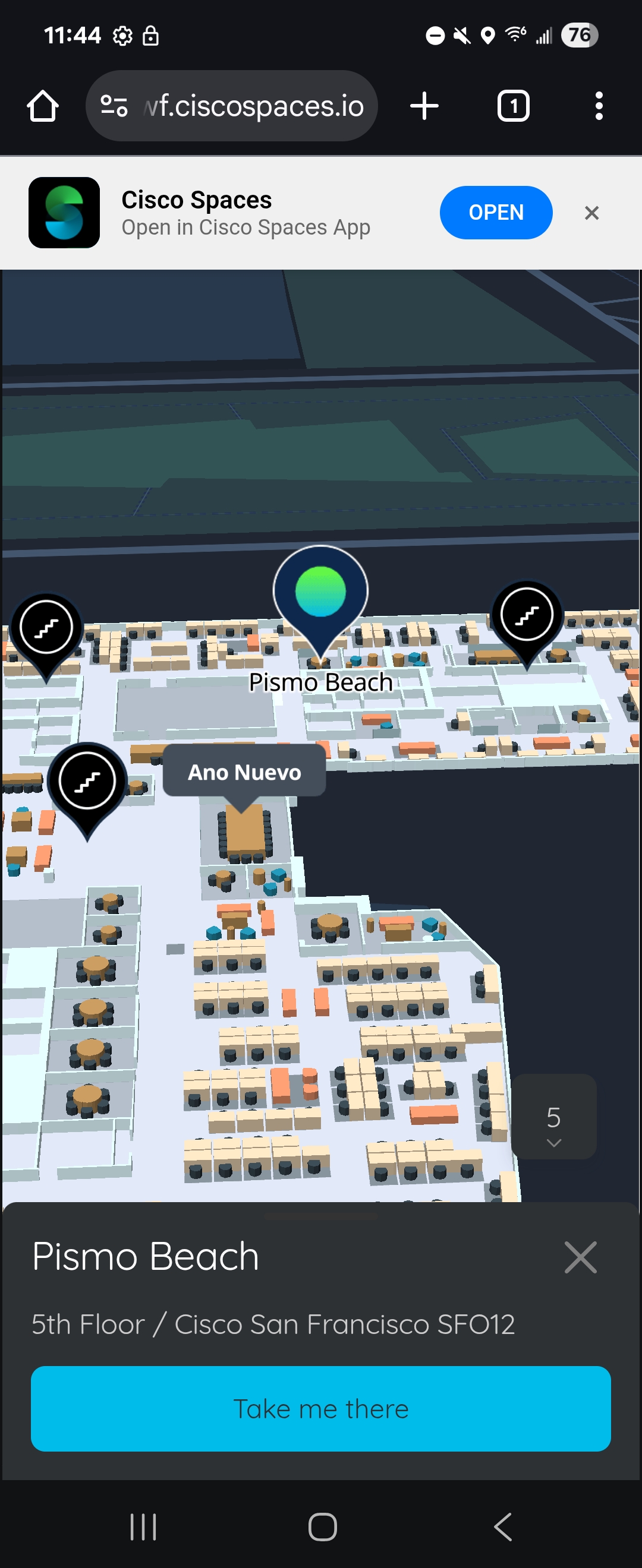 Cisco Spaces Indoor Wayfinding web app showing destination and Take me there button