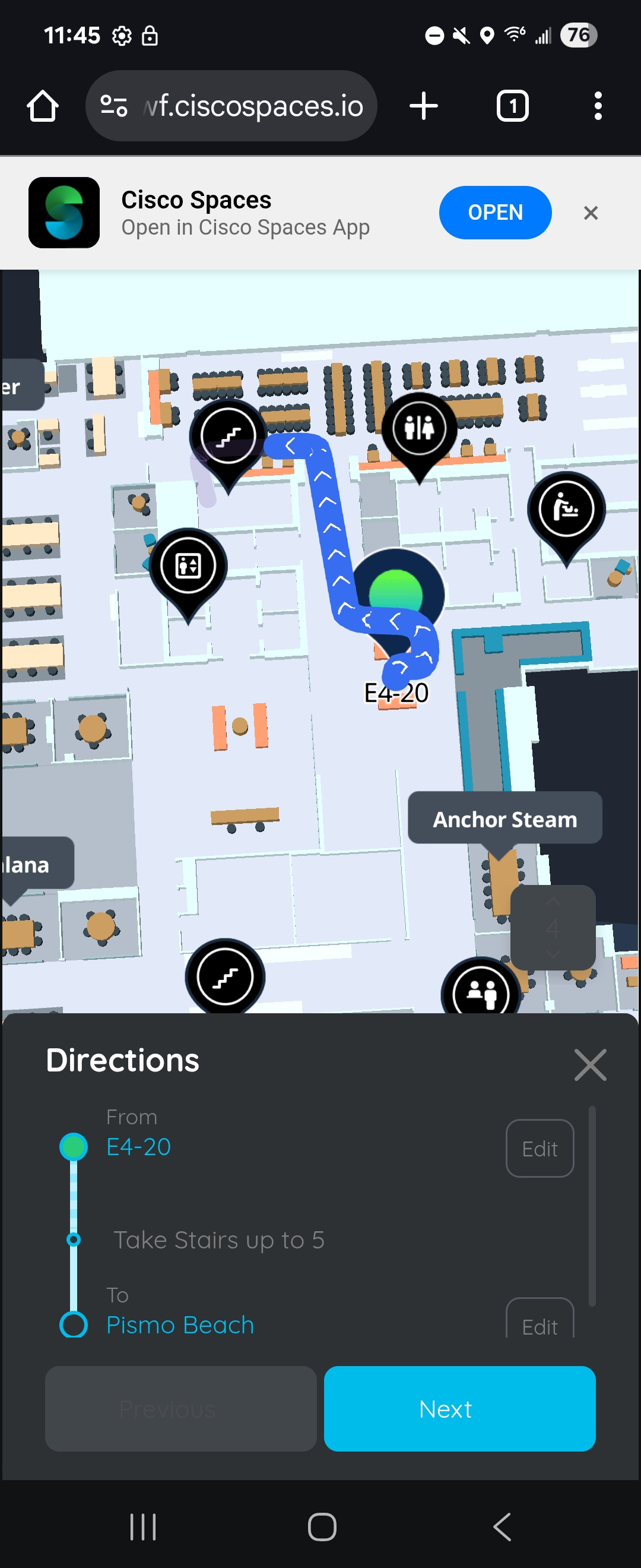 Cisco Spaces Indoor Wayfinding web app showing a static route between Starting point and Destination
