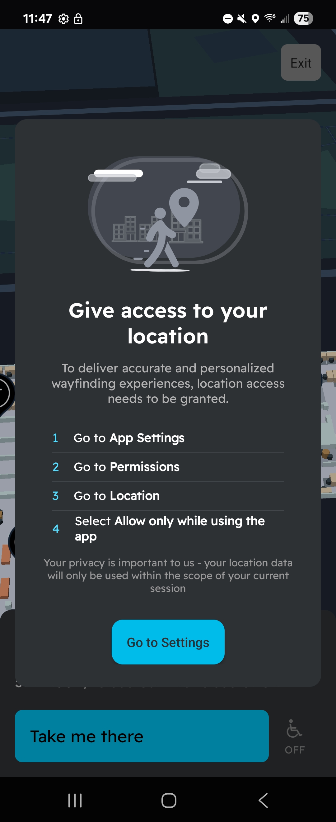 Cisco Spaces Indoor Wayfinding App prompting to use location