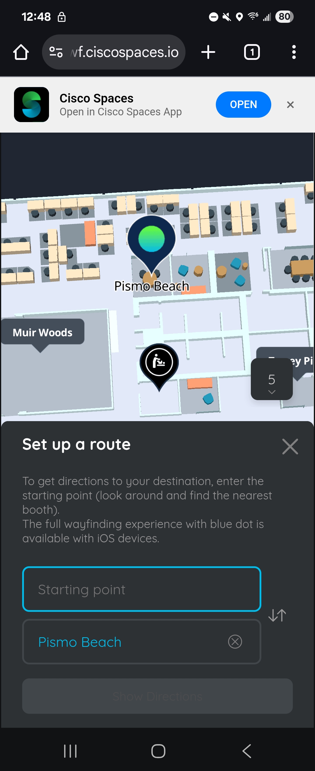 Cisco Spaces Indoor Wayfinding web app showing a field to select a Starting point