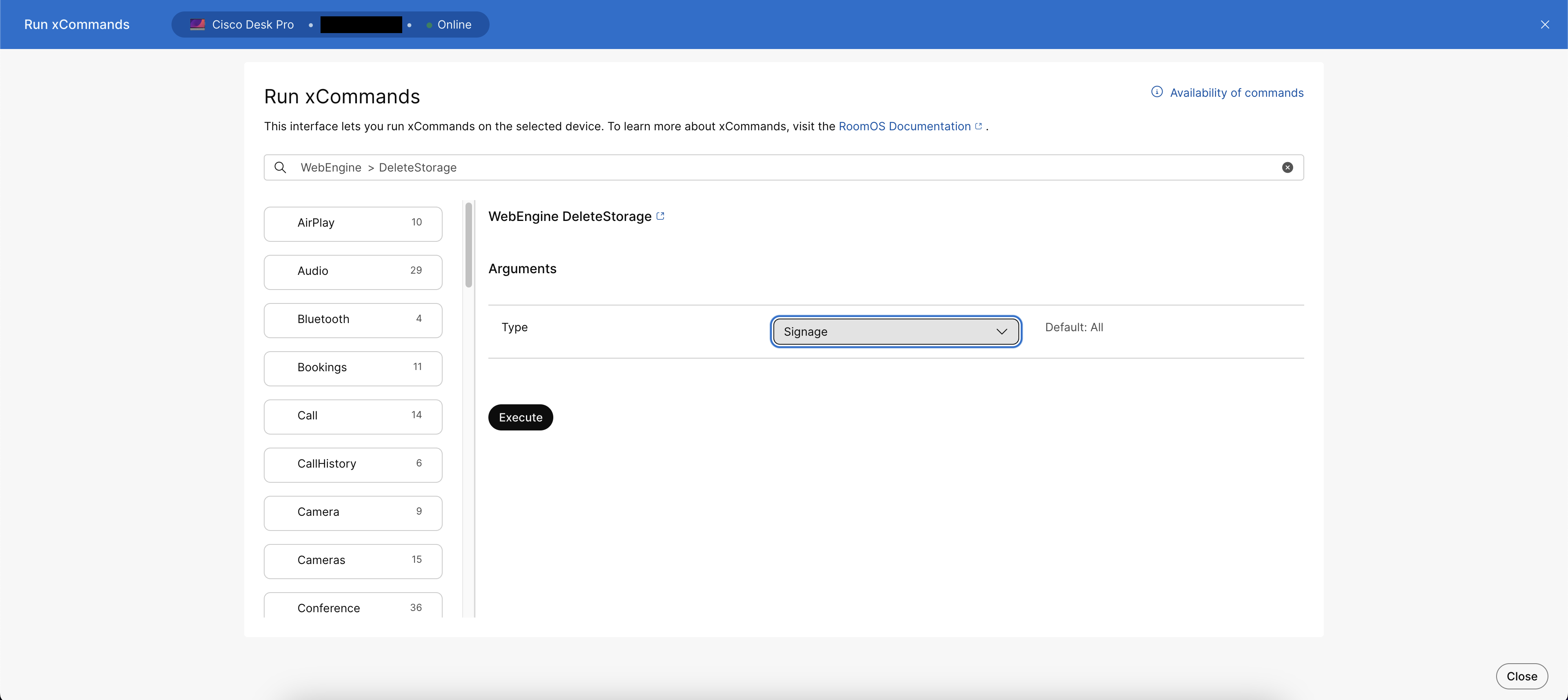 Webex Control Hub - Run xCommand - WebEngine - DeleteStorage - Type - Signage - Execute
