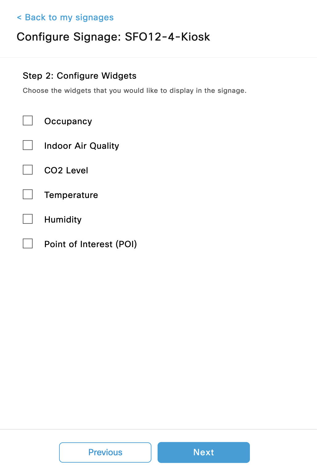 Space Experience - Signages - Step 2 - Configure Widgets - All widgets disabled