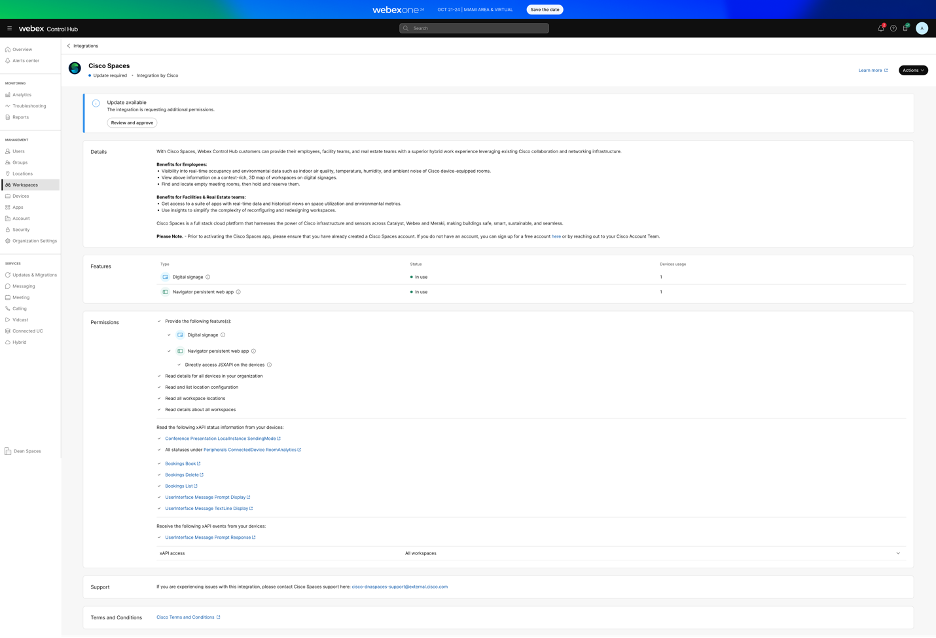 Control Hub - Workspaces - Integrations - Cisco Spaces - Review Update