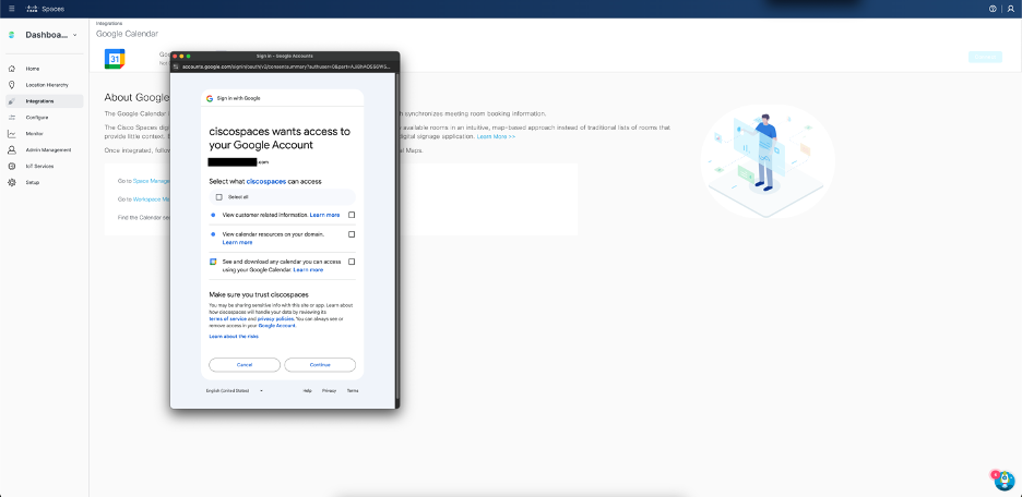 Cisco Spaces - Integrations - Google Calendar - Permissions