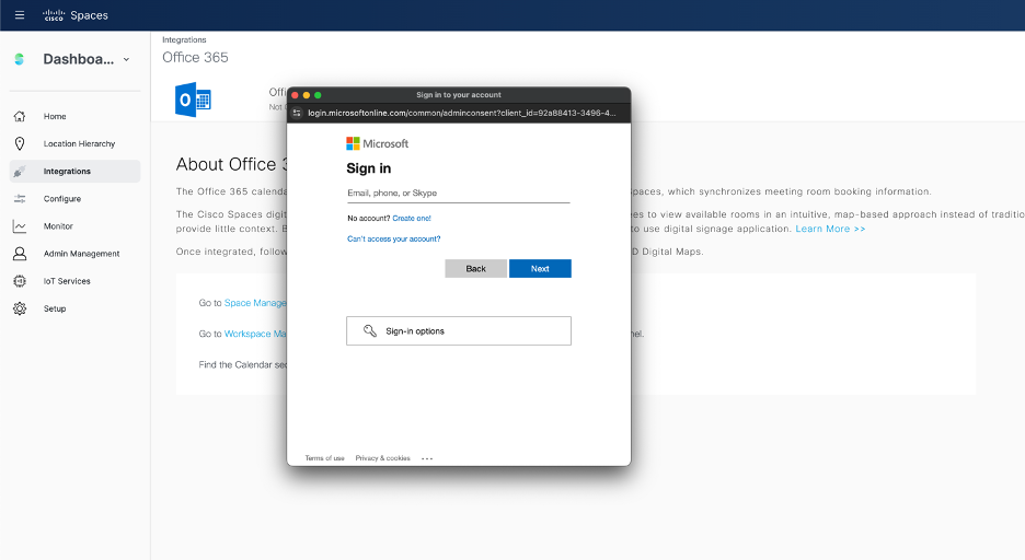 Cisco Spaces - Integrations - Office 365 - Microsoft Admin Login