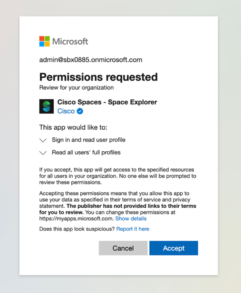 Cisco Spaces - Space Explorer - Microsoft Admin Consent