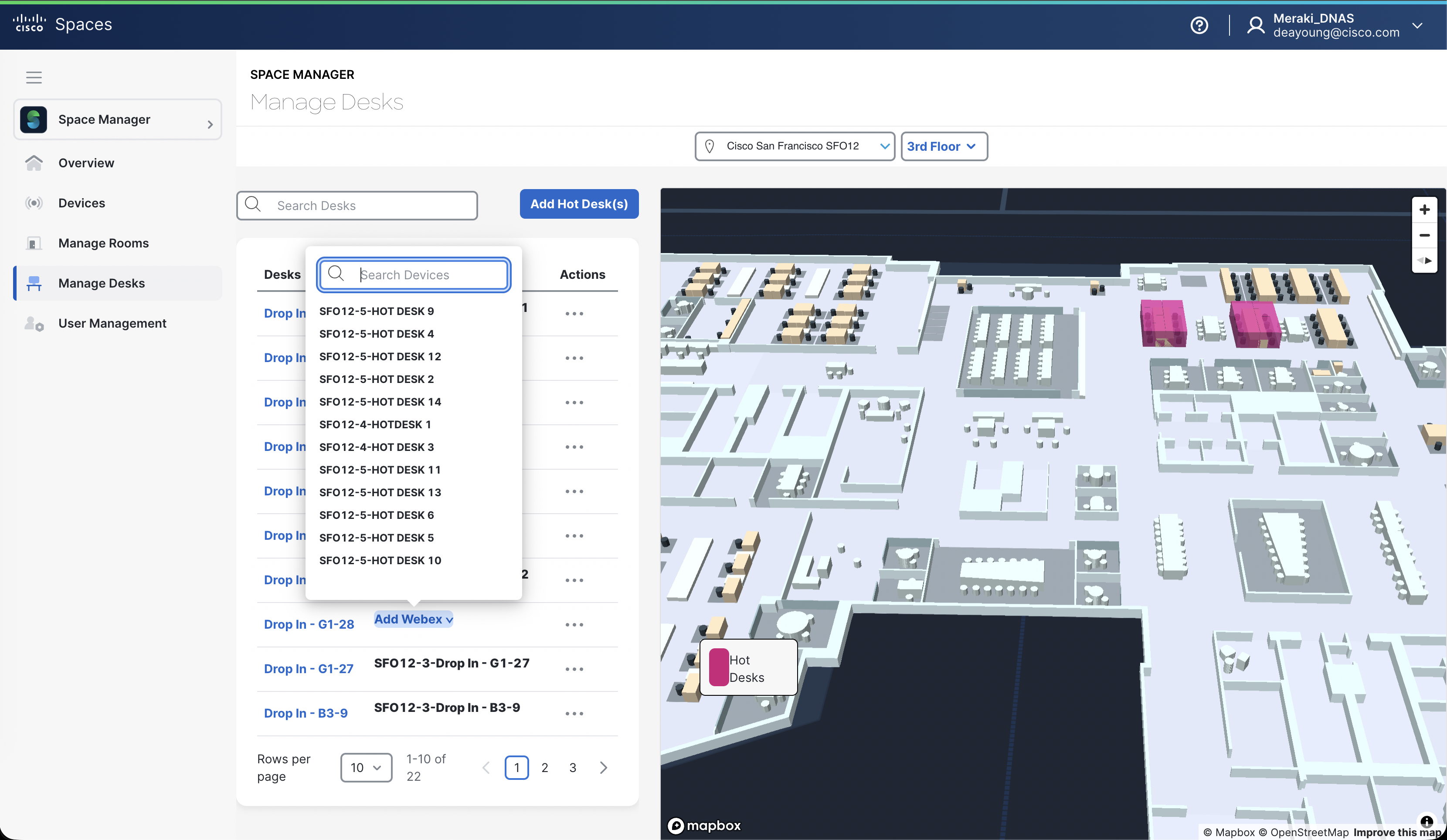 Space Manager - Manage Desks - Add Webex