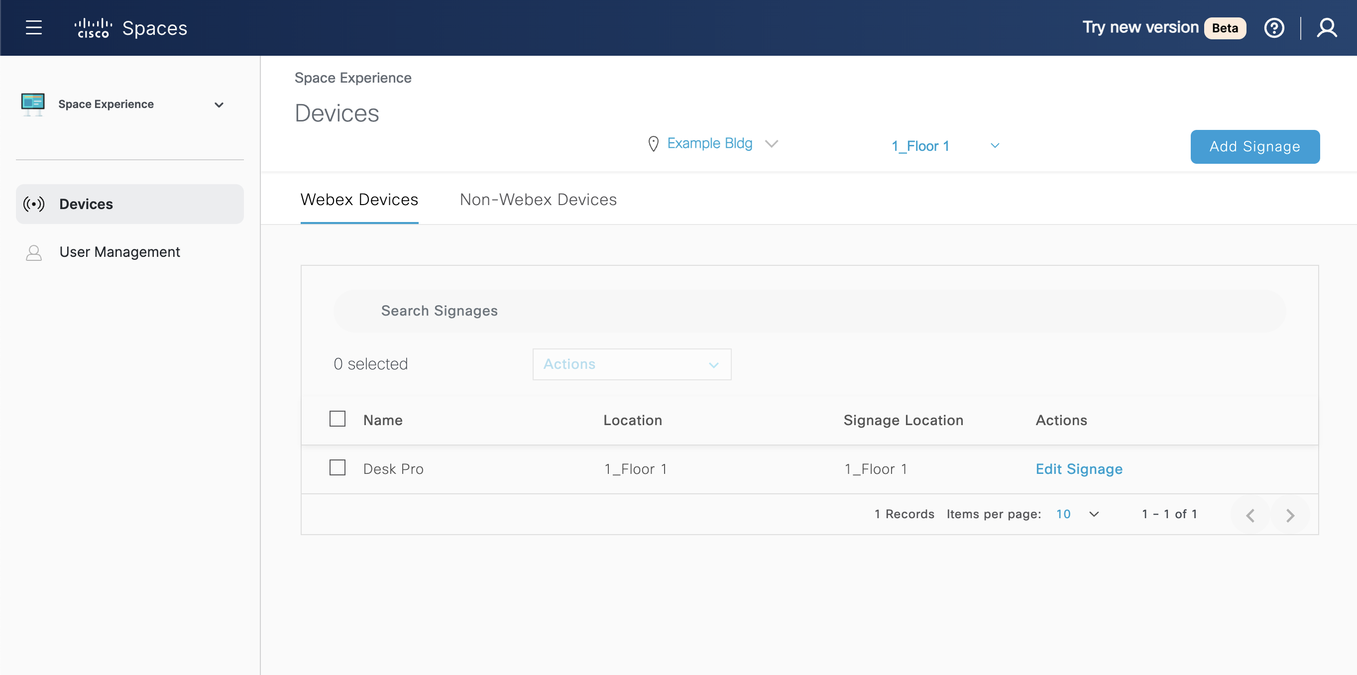 Cisco Spaces - Space Experience - Devices - Webex Devices list view