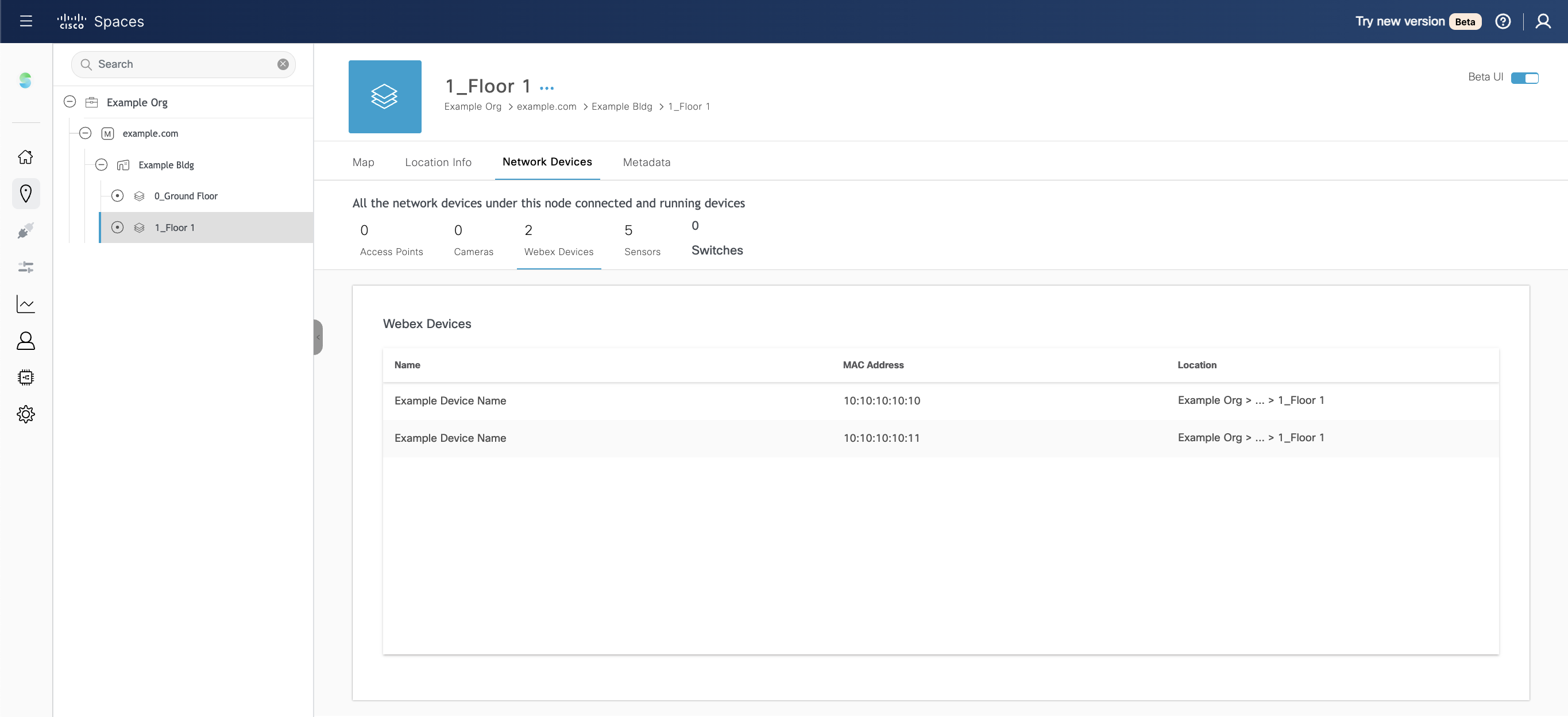 Cisco Spaces - Location Hierarchy - Network Devices - Webex Devices