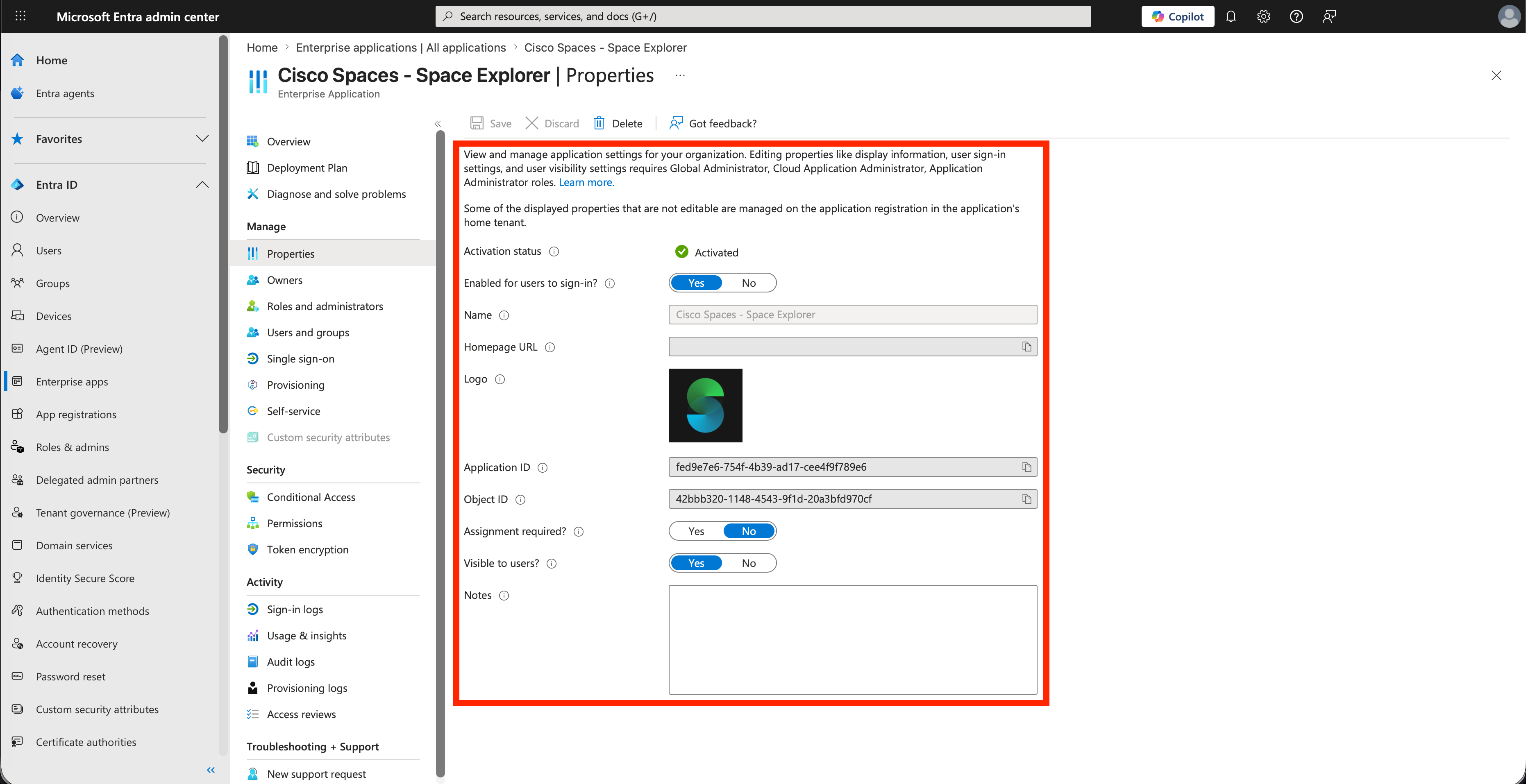 Microsoft Entra admin center _ Enterprise applications _ Cisco Spaces - Space Explorer _ Properties