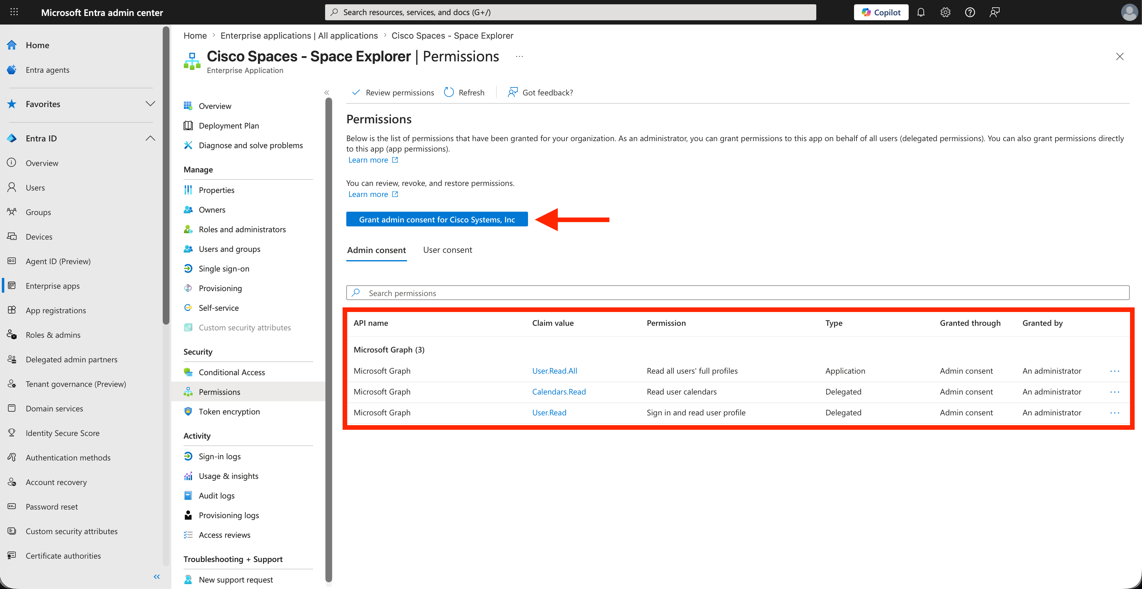Microsoft Entra admin center _ Enterprise applications _ Cisco Spaces - Space Explorer _ Permissions