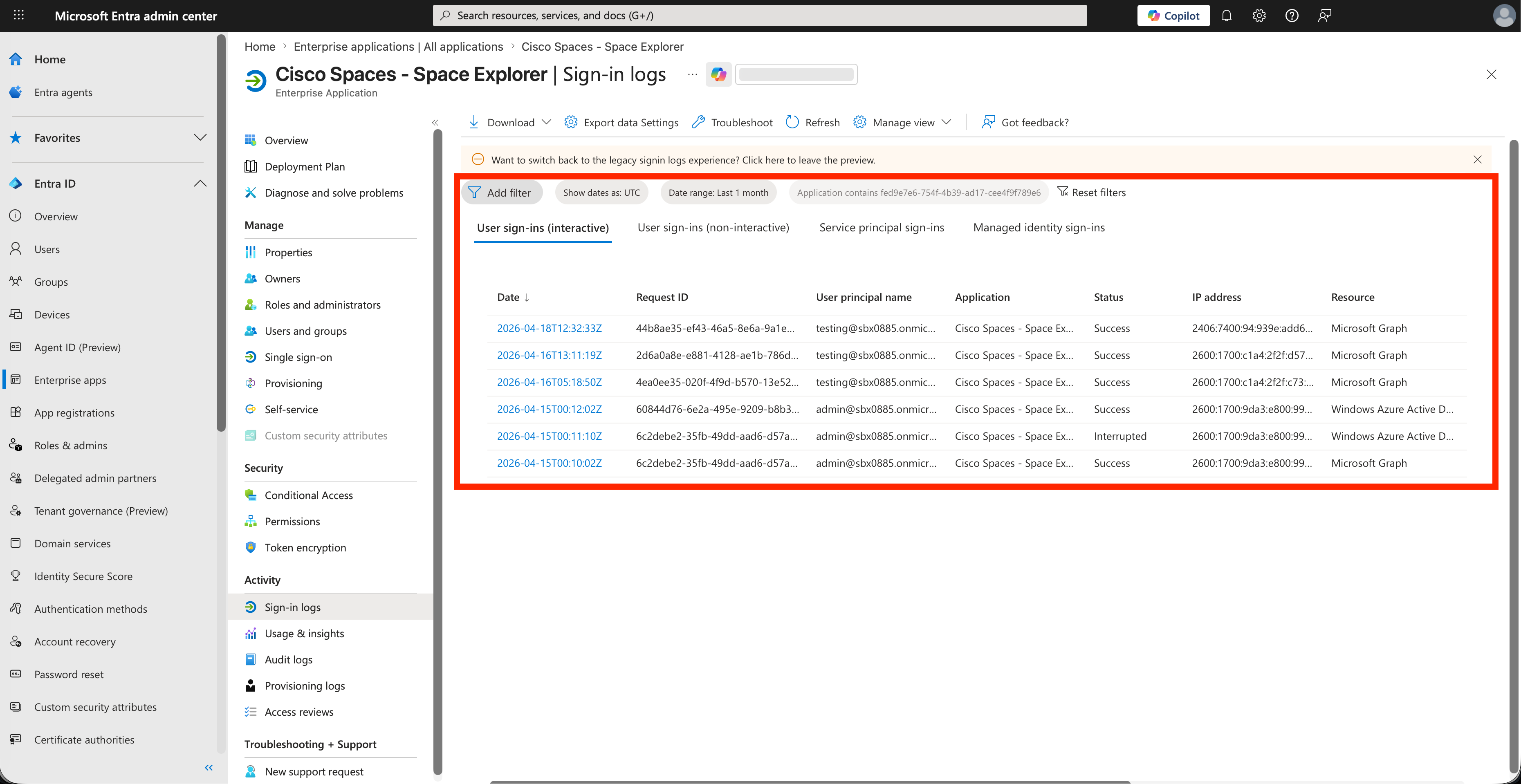 Microsoft Entra admin center _ Enterprise applications _ Cisco Spaces - Space Explorer _ Sign-in logs