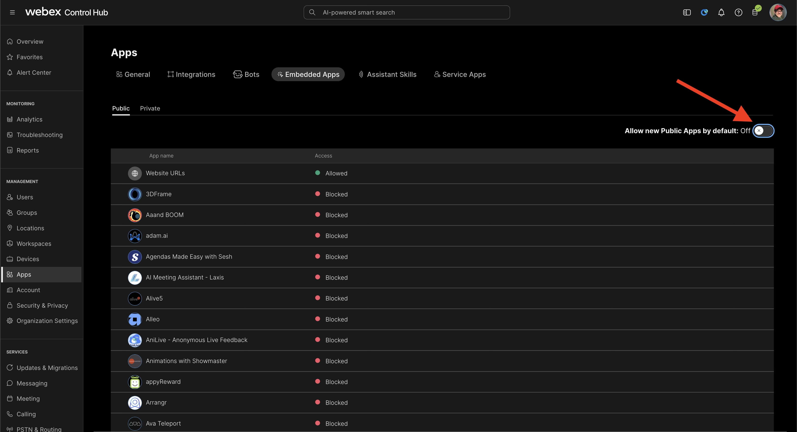 Webex Control Hub - Apps - Embedded Apps - Allow new Public Apps by default