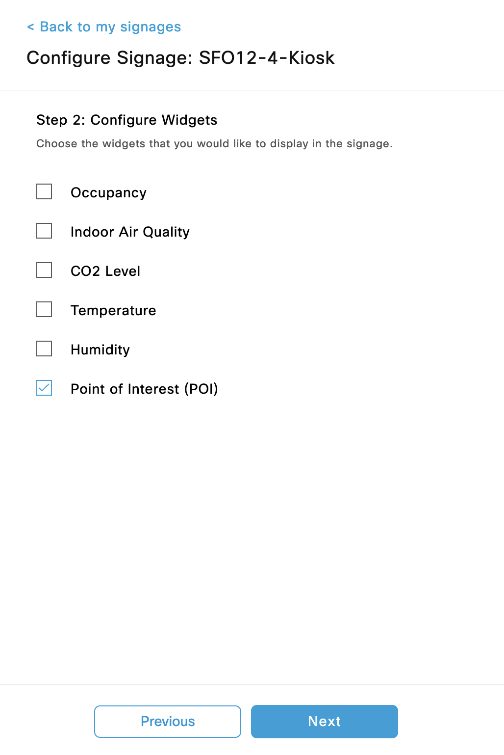 Space Experience - Signages - Step 2 - Configure Widgets - Occupancy, air quality, and comfort widgets disabled