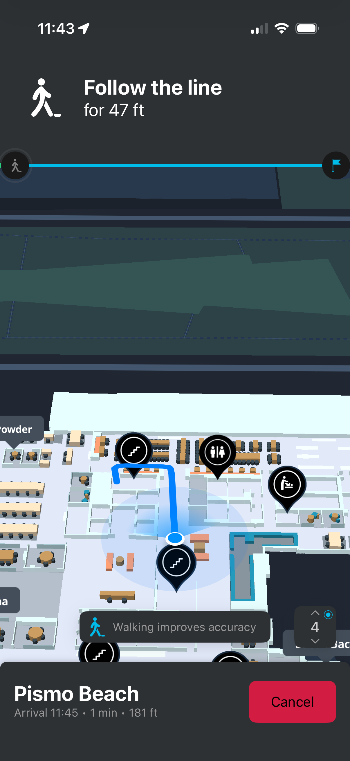 Cisco Spaces Indoor Wayfinding App Clip showing live location and shortest path to destination