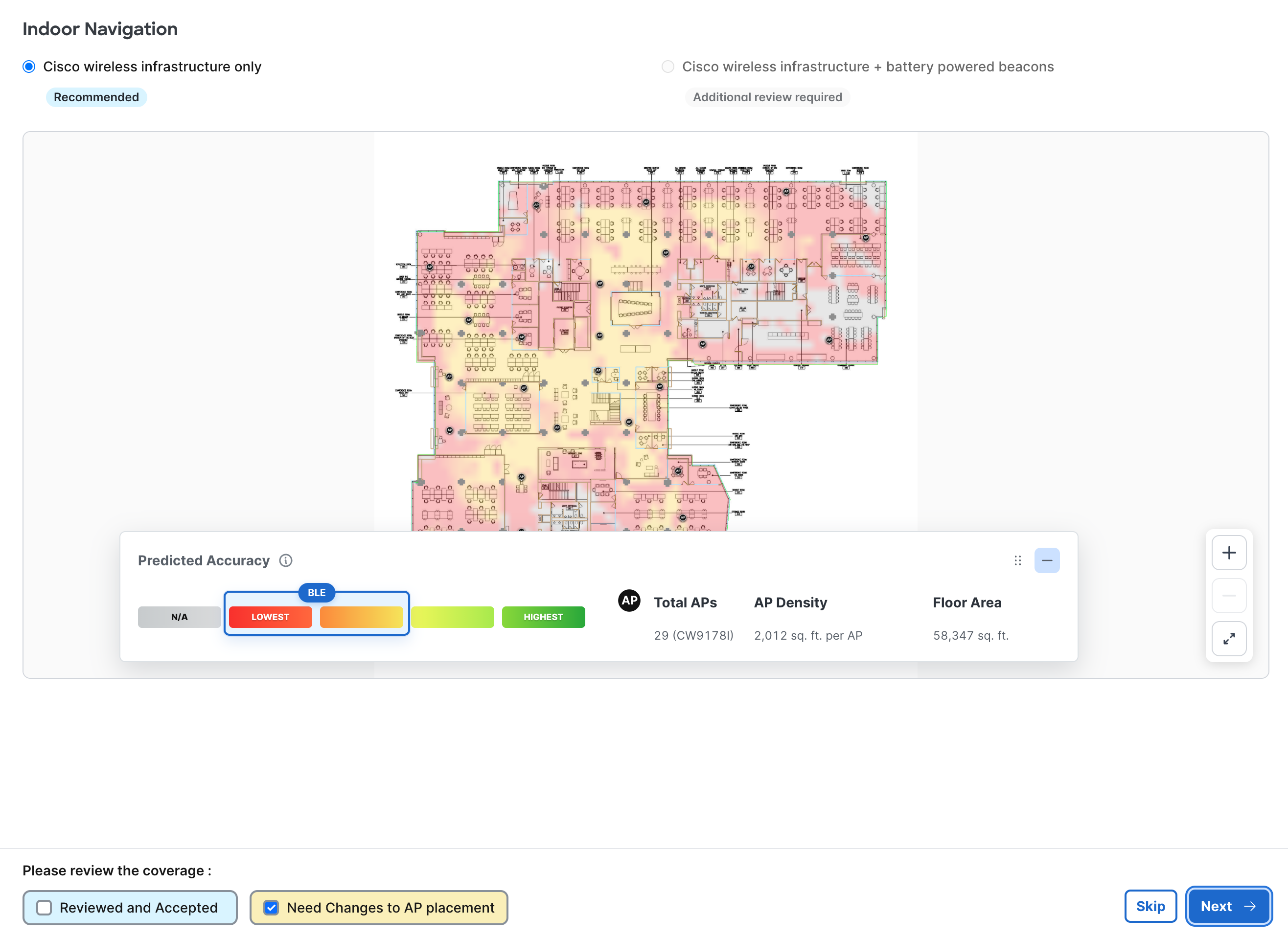 Marking an outcome as needing changes to access point placement
