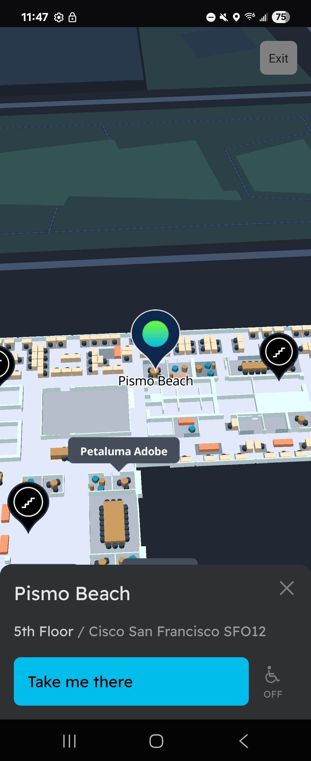 Cisco Spaces Indoor Wayfinding App showing destination and Take me there button