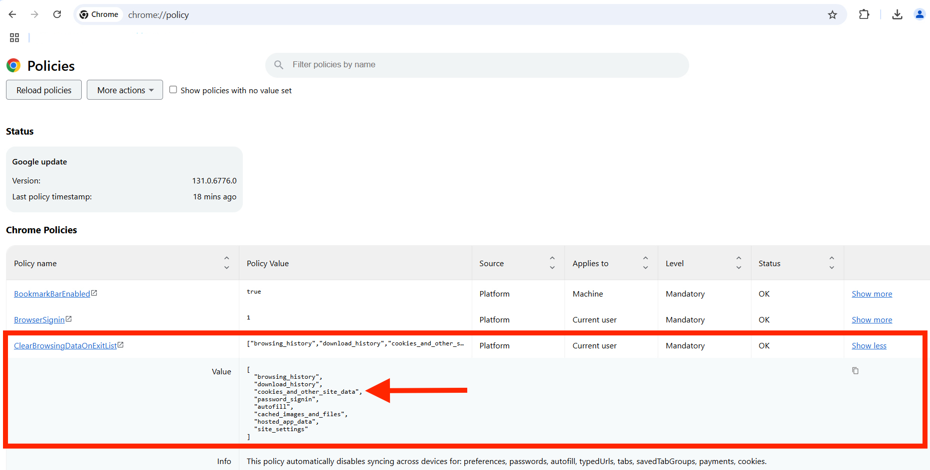 Example - Chrome Browser policy that deletes session storage on reboot