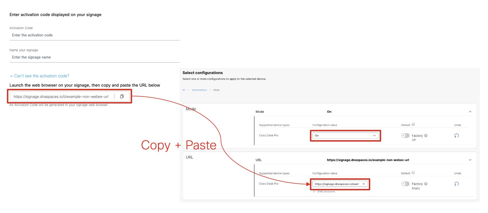 Copy-Paste signage URL into Webex Control Hub - All Configurations - Kiosk Mode and URL
