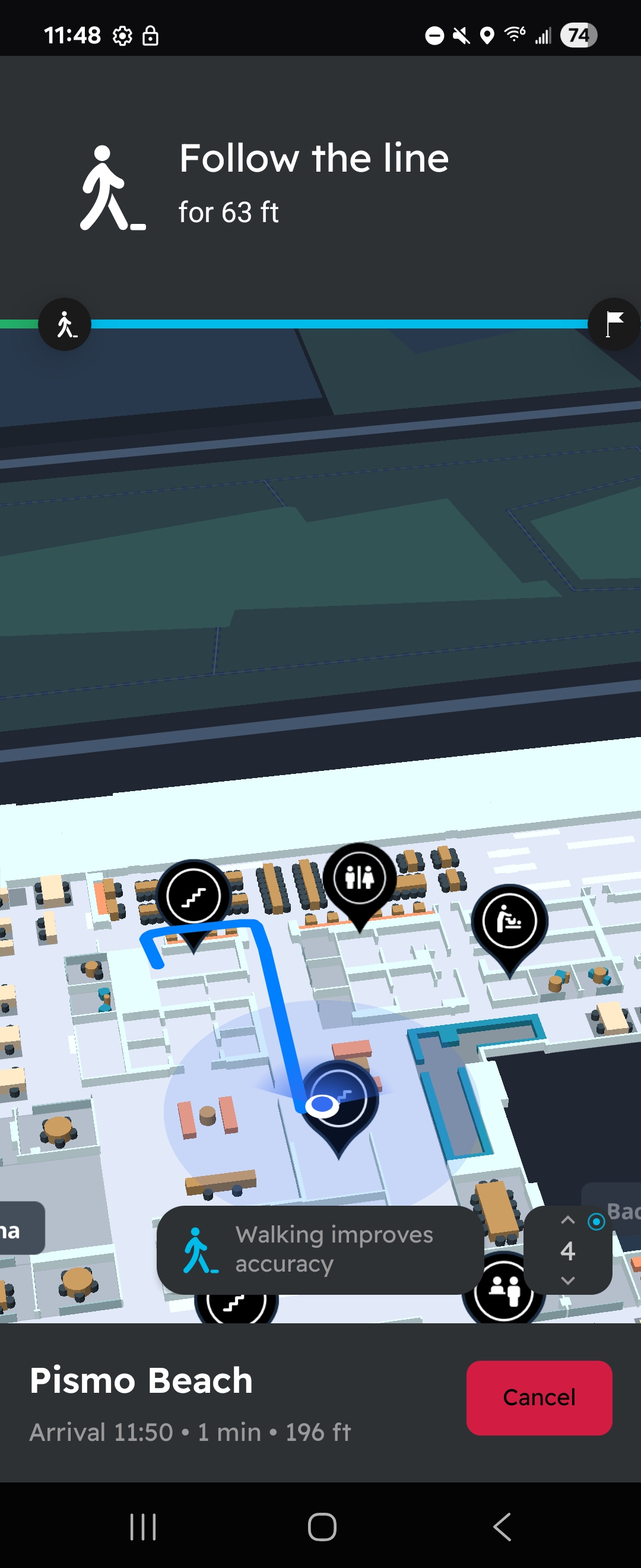 Cisco Spaces Indoor Wayfinding App showing live location and shortest path to destination
